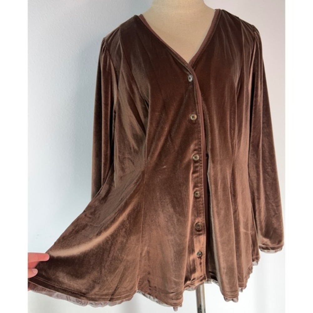 LOGO Lavish Brown Velvet Button Front Top Relaxed Fit NWOT Boho Whimsigoth Large